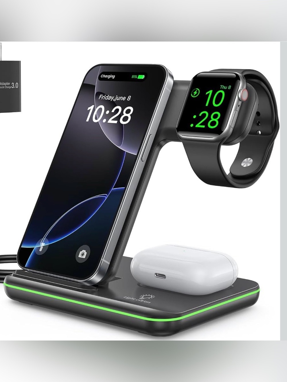 Black 3-in-1 Fast Wireless Charging Stand for Apple Phones, Watches & Earbuds
